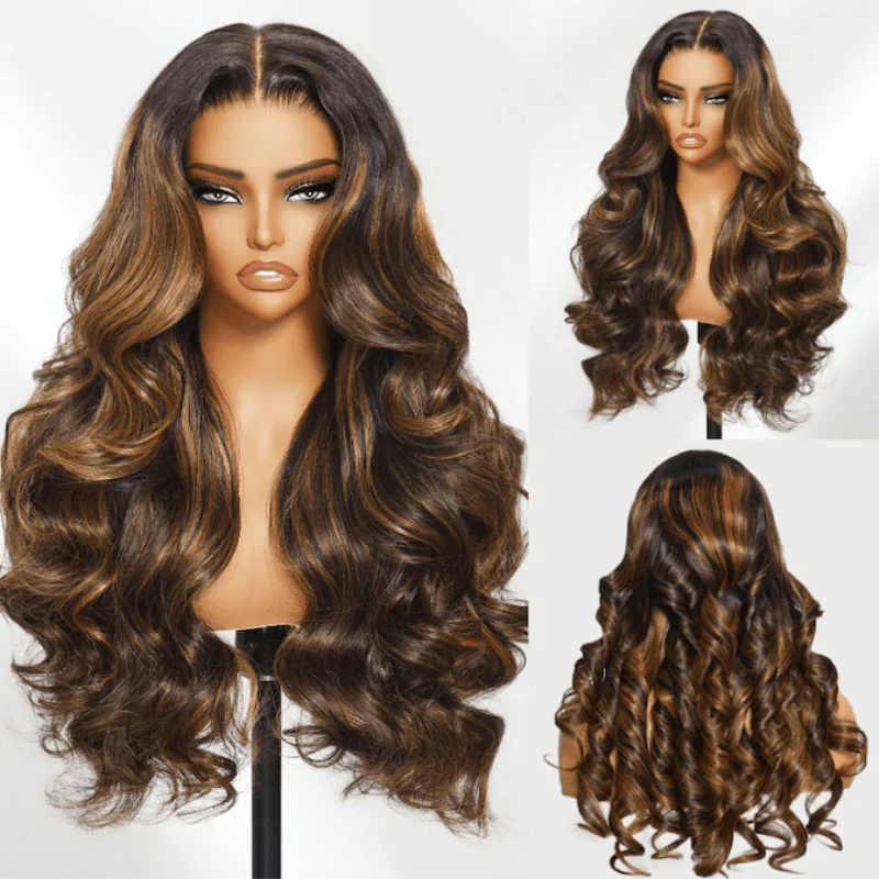Balayage Brown Highlight 3D Body Wave 13x4 Lace Front Invisi Drawstring Put On and Go Glueless Lace Wig Flash Sale - Image 6