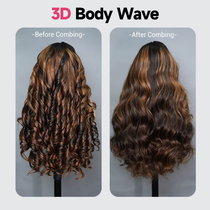 Balayage Brown Highlight 3D Body Wave 13x4 Lace Front Invisi Drawstring Put On and Go Glueless Lace Wig Flash Sale - Image 7