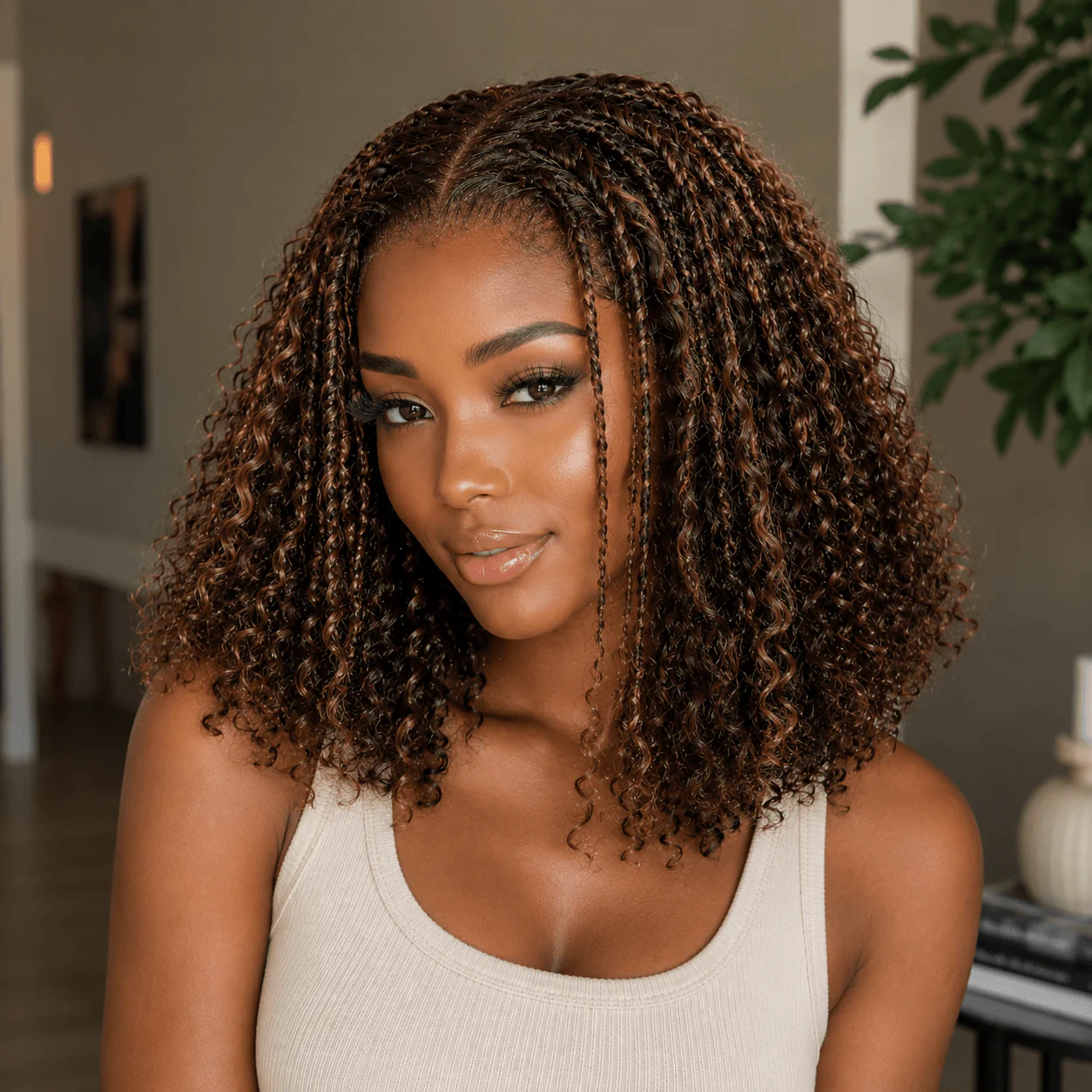 Geeta Hair Glueless Highlight Brown Bohemian Curly Bob Wig 13x4 Lace Frontal Human Hair Pre-Plucked Natural Hairline - Image 2