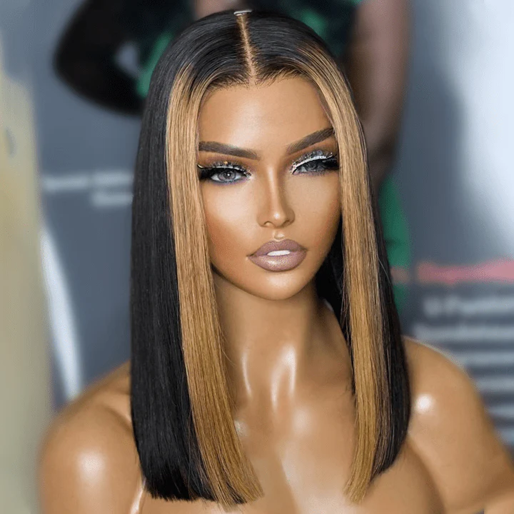 Geeta Skunk Stripe Bob Wig 13x4 Blond Highlight Straight Bob Lace Front Wigs Short Human Hair Bob Wigs - Image 3