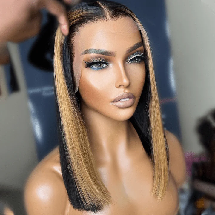 Geeta Skunk Stripe Bob Wig 13x4 Blond Highlight Straight Bob Lace Front Wigs Short Human Hair Bob Wigs - Image 4