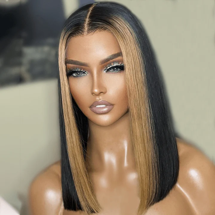 Geeta Skunk Stripe Bob Wig 13x4 Blond Highlight Straight Bob Lace Front Wigs Short Human Hair Bob Wigs - Image 5