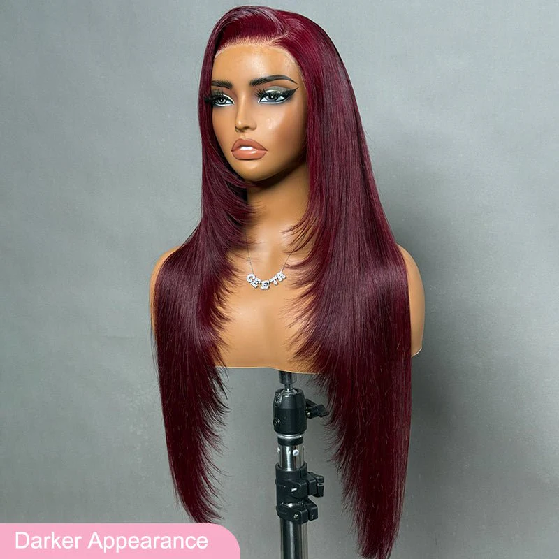 Straight 7x5 Lace Glueless Wig Burgundy Purple Black Cherry Invisi Drawstring Human Hair Wigs - Image 3