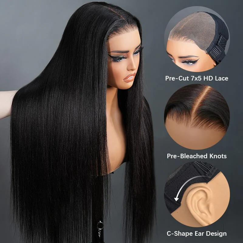 Geeta Yaki Straight 7x5 Glueless Lace Invisible Knots Put On and Go Invisi Drawstring Human Hair Wigs - Image 4