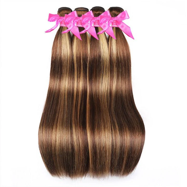 GeetaHair Highlight Brown Straight 3 Bundles With 4x4 Lace Closure Ombre Blonde 100% Real Human Hair Extensions - Image 2