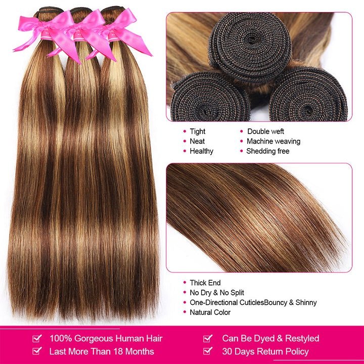 GeetaHair Highlight Brown Straight 3 Bundles With 4x4 Lace Closure Ombre Blonde 100% Real Human Hair Extensions - Image 4