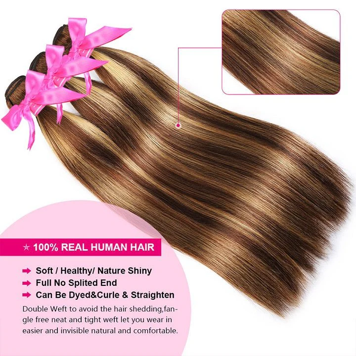 GeetaHair Highlight Brown Straight 3 Bundles With 4x4 Lace Closure Ombre Blonde 100% Real Human Hair Extensions - Image 5