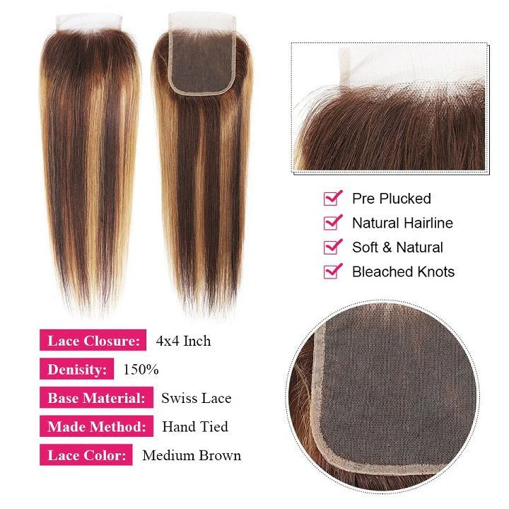 GeetaHair Highlight Brown Straight 3 Bundles With 4x4 Lace Closure Ombre Blonde 100% Real Human Hair Extensions - Image 6