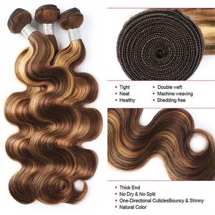 GeetaHair Highlight P4/27 Straight/Body Wave Human Hair 3 Bundles With 4x4 Lace Closure 100% Human Hair Extension Weaves - Image 4