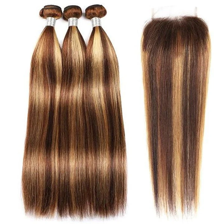 GeetaHair Highlight P4/27 Straight/Body Wave Human Hair 3 Bundles With 4x4 Lace Closure 100% Human Hair Extension Weaves - Image 6