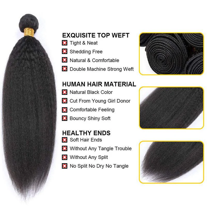 Geeta Hair Kinky Straight 3 Bundles With 4x4 Lace Closure Virgin Human Hair - Image 3