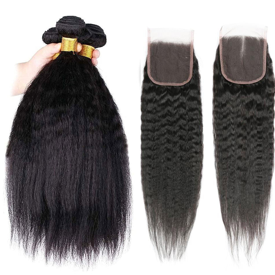 Geeta Hair Kinky Straight 3 Bundles With 4x4 Lace Closure Virgin Human Hair - Image 4