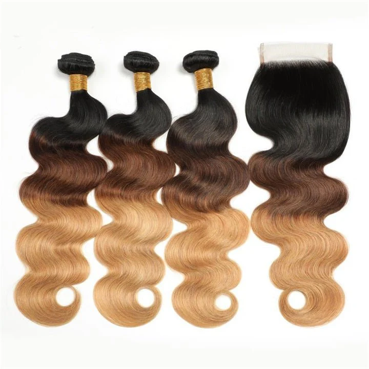 GeetaHair Ombre Blonde Body Wave Human Hair 3 Bundles With 4x4 Lace Closure 100% Human Hair Extension Weaves - Image 2