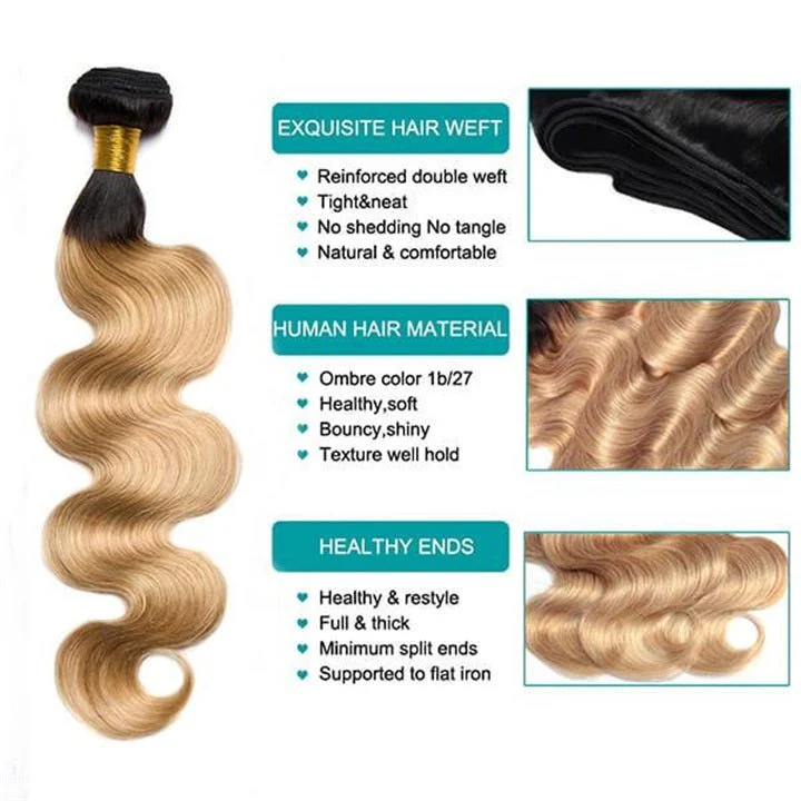 GeetaHair Ombre Blonde Straight/Body Wave 3 Bundles With 4x4 Lace Closure Unprocessed 100% Real Human Hair Extensions - Image 3
