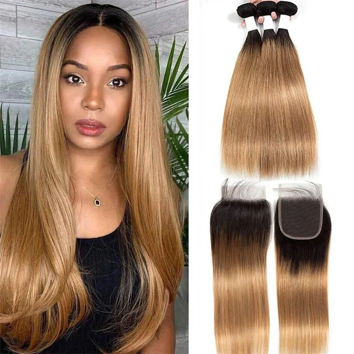GeetaHair Ombre Blonde Straight/Body Wave 3 Bundles With 4x4 Lace Closure Unprocessed 100% Real Human Hair Extensions - Image 4