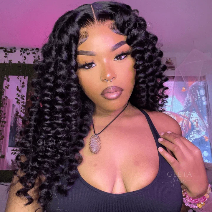 Glueless Bouncy Curly Hair 13x4 Transparent Lace Front Wig Pre Plucked Hairline Wand Curl Human Hair wigs-Geeta Hair - Image 2