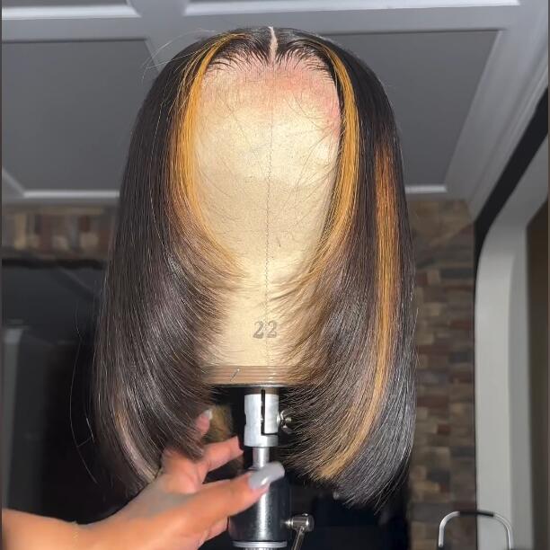 Geeta Layer Cut Ombre Highlight Straight Bob Human Hair Wigs 13x4 Lace Front Glueless Wigs Flash Sale - Image 6