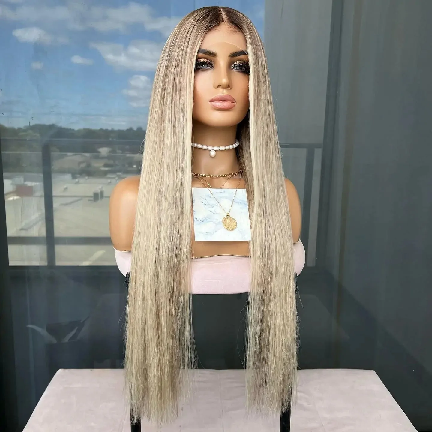 Highlight Ash Blonde Human Hair Wig Straight 13x4 Lace Front Ash Blonde Wig with Dark Roots Pre Plucked - Image 3