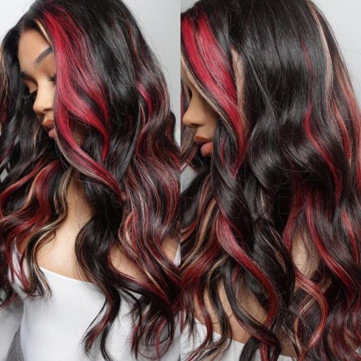 Highlight Black with Red & Blonde Straight/Body Wave 13x4 Lace Front Wig With Multi Color Highlights Loose Wave Human Hair Wigs-GeetaHair - Image 2