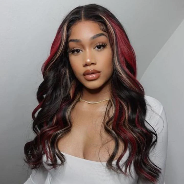 Highlight Black with Red & Blonde Straight/Body Wave 13x4 Lace Front Wig With Multi Color Highlights Loose Wave Human Hair Wigs-GeetaHair - Image 3