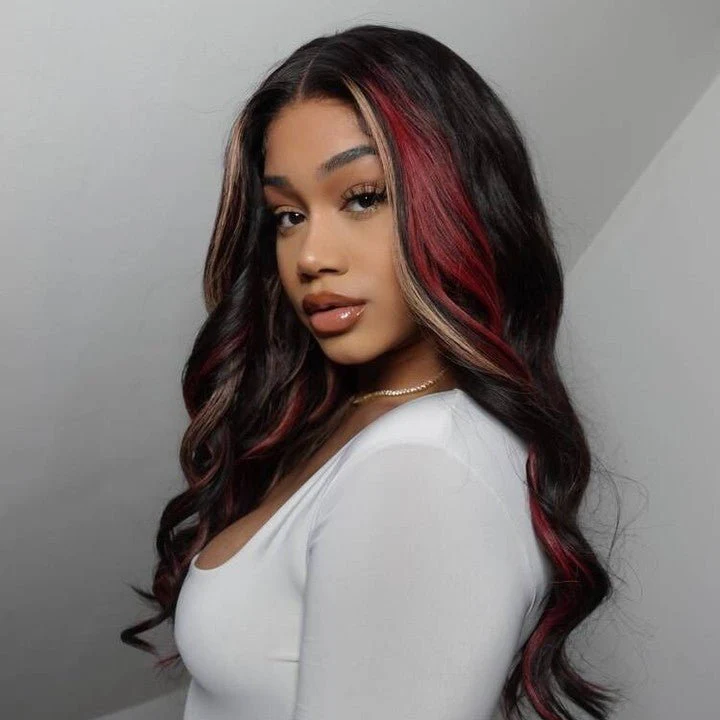 Highlight Black with Red & Blonde Straight/Body Wave 13x4 Lace Front Wig With Multi Color Highlights Loose Wave Human Hair Wigs-GeetaHair - Image 4