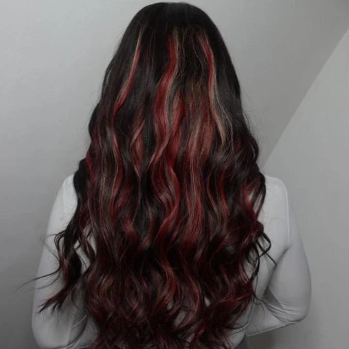 Highlight Black with Red & Blonde Straight/Body Wave 13x4 Lace Front Wig With Multi Color Highlights Loose Wave Human Hair Wigs-GeetaHair - Image 5