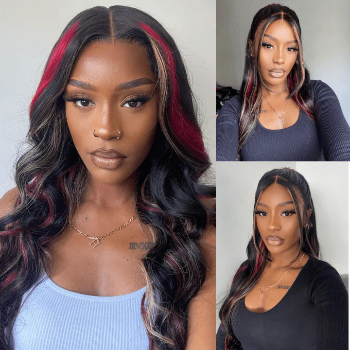 Highlight Black with Red & Blonde Straight/Body Wave 13x4 Lace Front Wig With Multi Color Highlights Loose Wave Human Hair Wigs-GeetaHair - Image 6