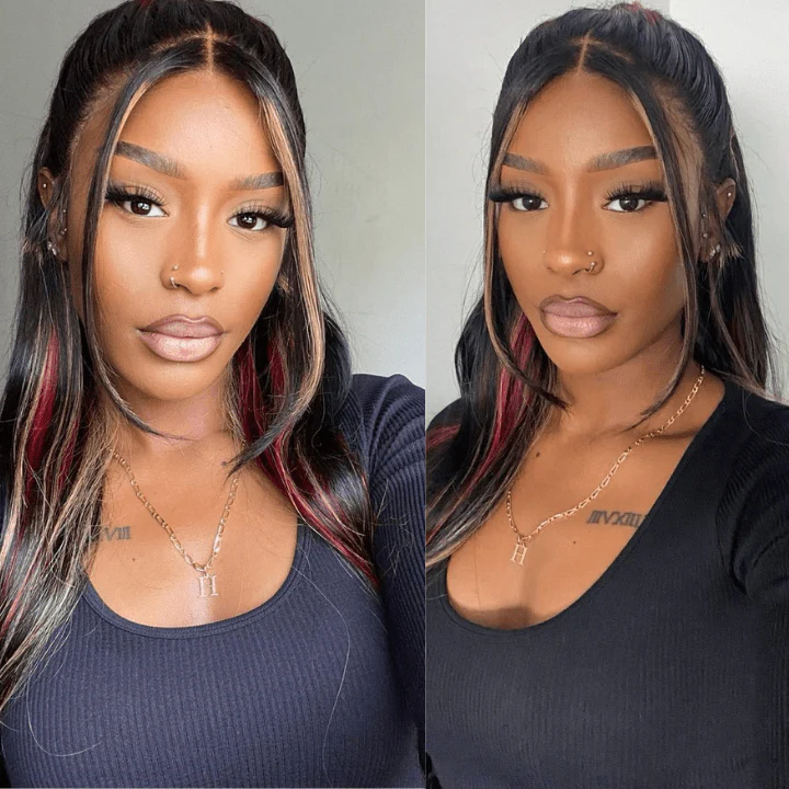 Highlight Black with Red & Blonde Straight/Body Wave 13x4 Lace Front Wig With Multi Color Highlights Loose Wave Human Hair Wigs-GeetaHair - Image 7