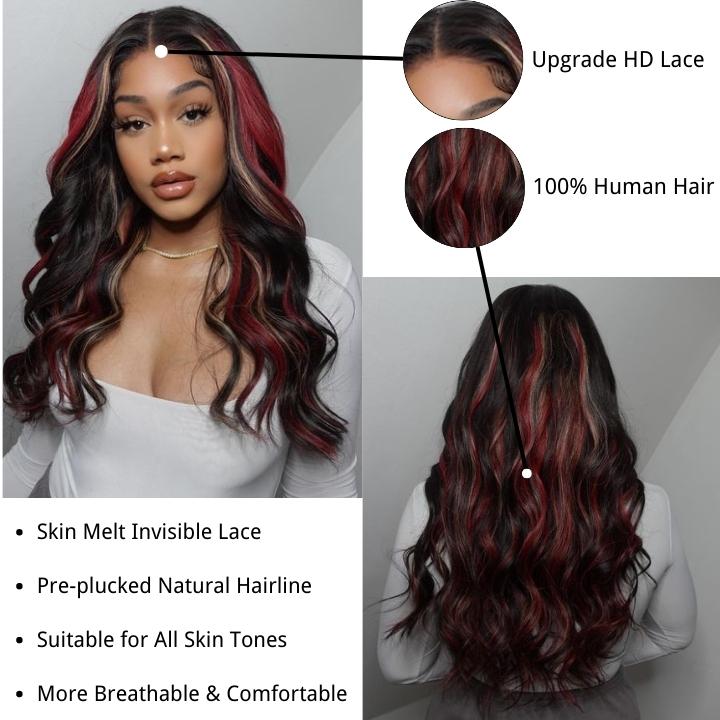 Highlight Black with Red & Blonde Straight/Body Wave 13x4 Lace Front Wig With Multi Color Highlights Loose Wave Human Hair Wigs-GeetaHair - Image 8