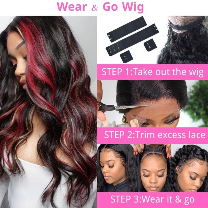Highlight Black with Red & Blonde Straight/Body Wave 13x4 Lace Front Wig With Multi Color Highlights Loose Wave Human Hair Wigs-GeetaHair - Image 9