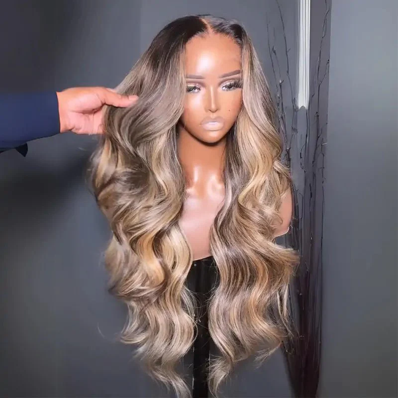 Highlight Blonde With Black Root Colored Wig 13X4 Lace Front Wig Human Hair Transparent Wig Pre Plucked - Image 3