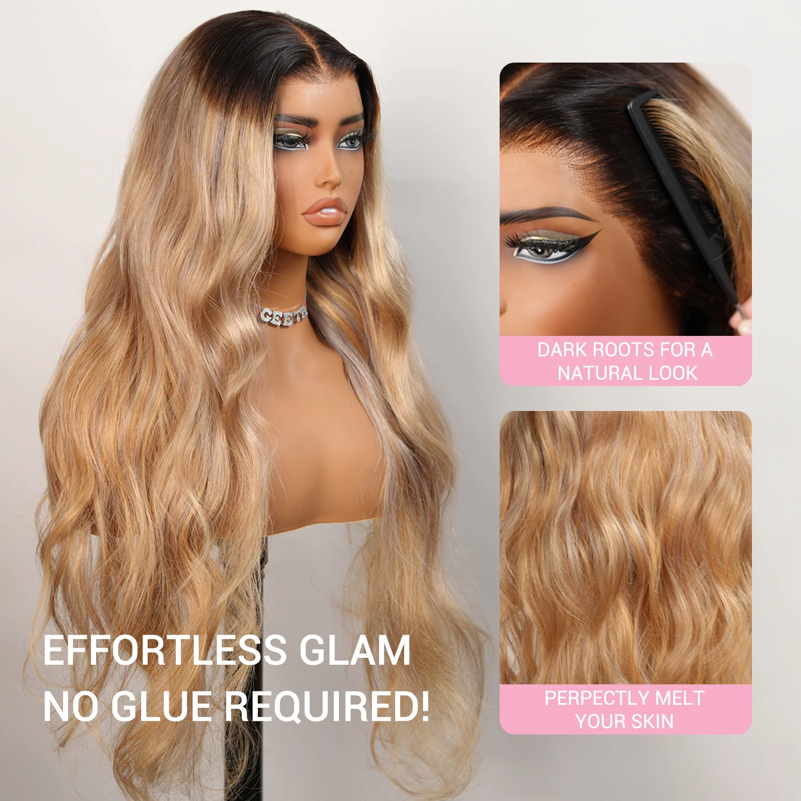 Highlight Blonde With Black Root Colored Wig 13X4 Lace Front Wig Human Hair Transparent Wig Pre Plucked Daily Deal - Image 3