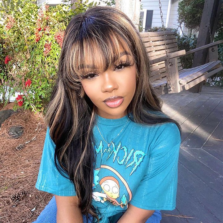 Highlight Brown Body Wave Human Hair Wigs with Bangs Colored HD Transparent Lace Wig - Image 4