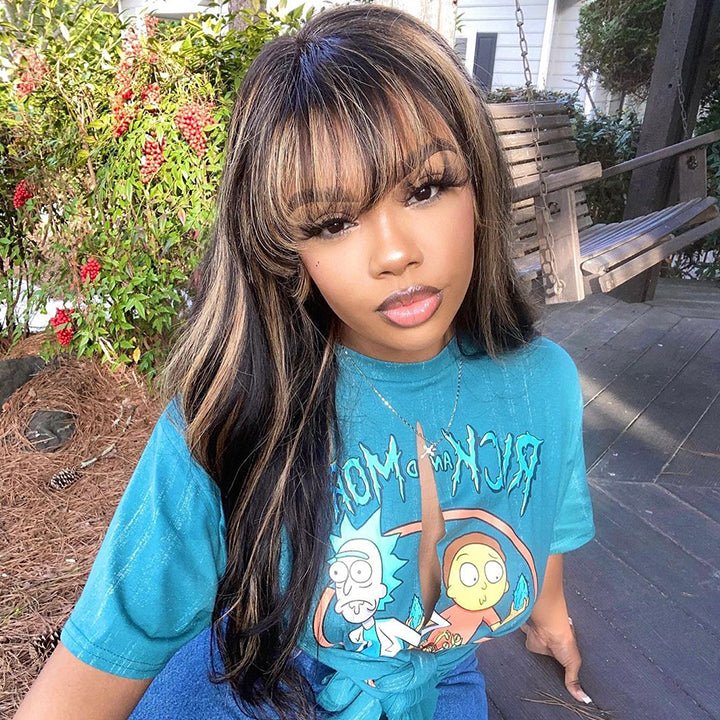 Highlight Brown Body Wave Human Hair Wigs with Bangs Colored HD Transparent Lace Wig - Image 7