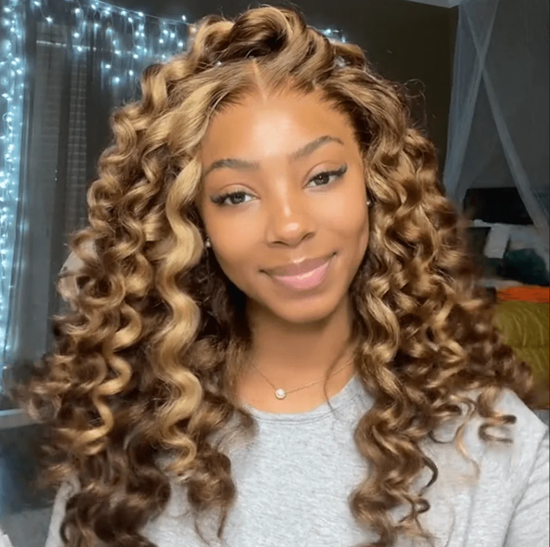 Highlight Honey Blonde Wand Curly Hair 13x4 Lace Front Wig Bouncy Loose Curly Transparent Lace Human Hair wigs - Geeta Hair