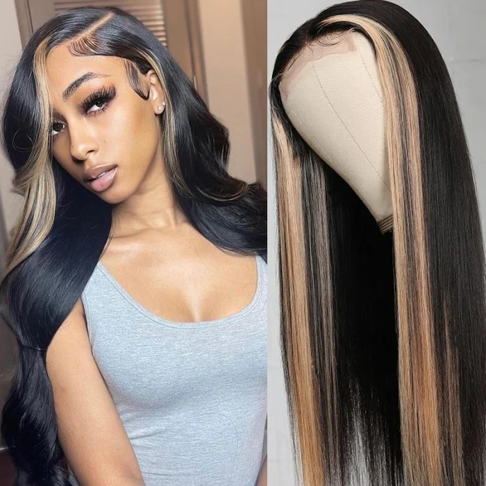 Highlight Ombre TL/27 Skunk Stripe Bone Straight Hair Wig 13x4 HD Lace Front Human Hair Wigs Pre Plucked Glueless Wig-Geeta Hair - Image 3