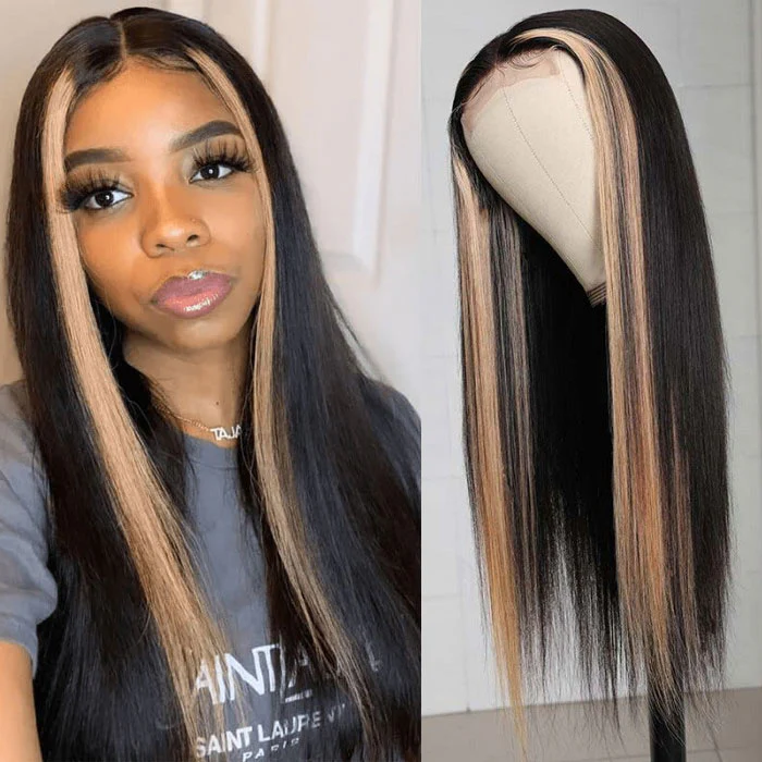 Highlight Ombre TL/27 Skunk Stripe Bone Straight Hair Wig 13x4 HD Lace Front Human Hair Wigs Pre Plucked Glueless Wig-Geeta Hair - Image 4