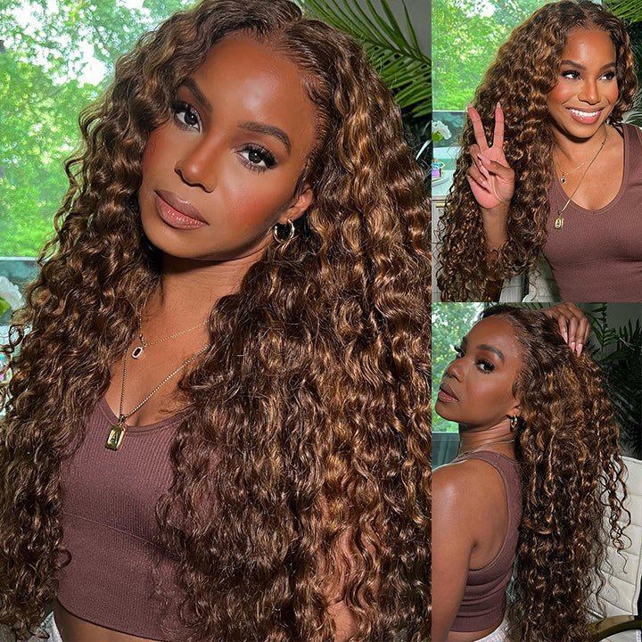 Highlight Piano Color Deep Wave Lace Front Wig Highlight Brown With Blonde Deep Curly Human Hair Wigs Flash Sale