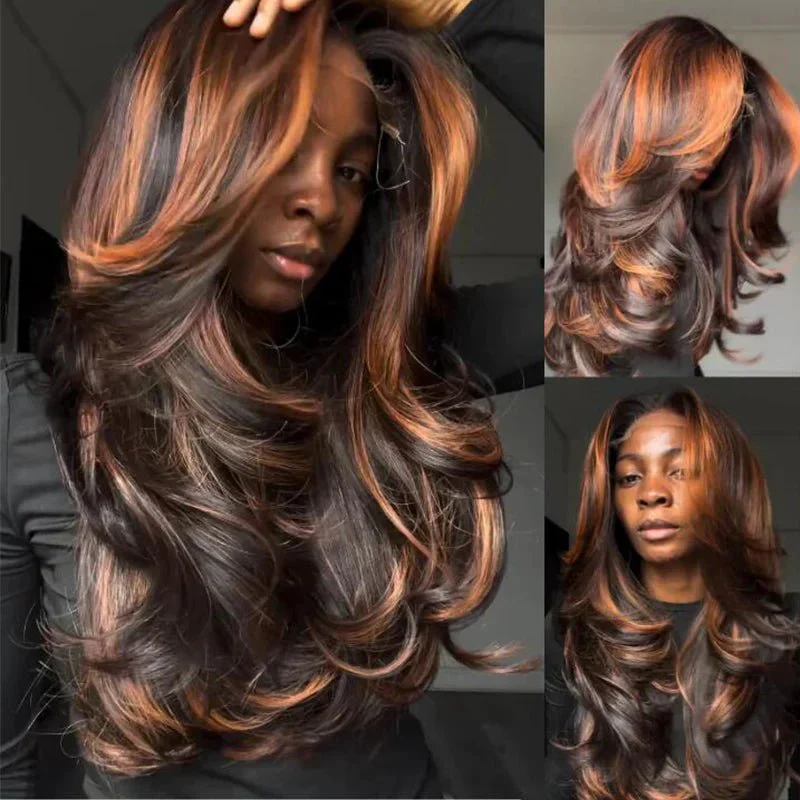 Highlights Brown Color 13x4 Lace Front Human Hair Wigs Ombre Body Wave Pre plucked Wigs - Image 2