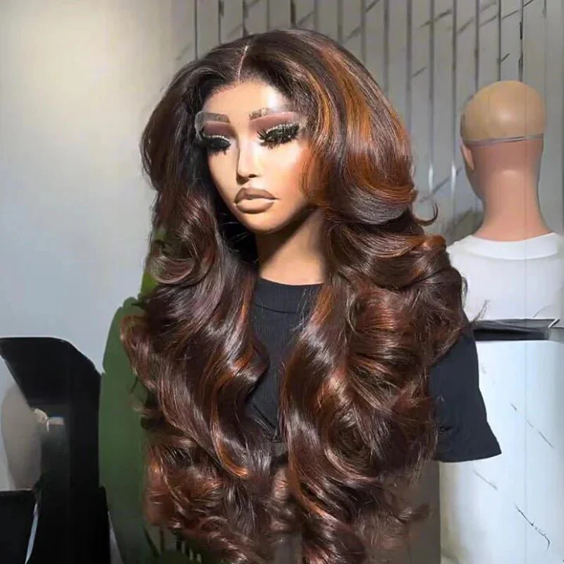 Highlights Brown Color 13x4 Lace Front Human Hair Wigs Ombre Body Wave Pre plucked Wigs - Image 3