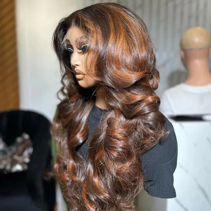 Highlights Brown Color 13x4 Lace Front Human Hair Wigs Ombre Body Wave Pre plucked Wigs - Image 4