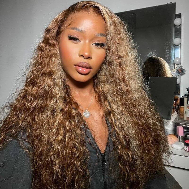 Honey Blonde Highlight Water Wave 13x4 Lace Front / 6x4 Pre Cut Lace Human Hair Lace Wig For Women Brand Day Flash Sale