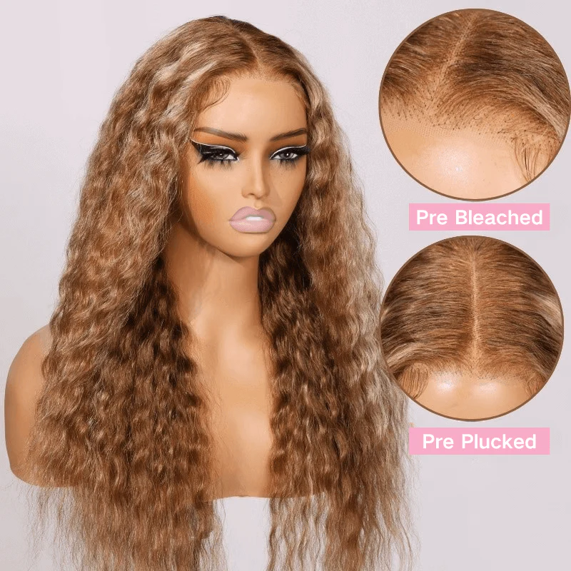 Honey Blonde Highlight Water Wave 13x4 Lace Front / 6x4 Pre Cut Lace Human Hair Lace Wig For Women Brand Day Flash Sale - Image 4