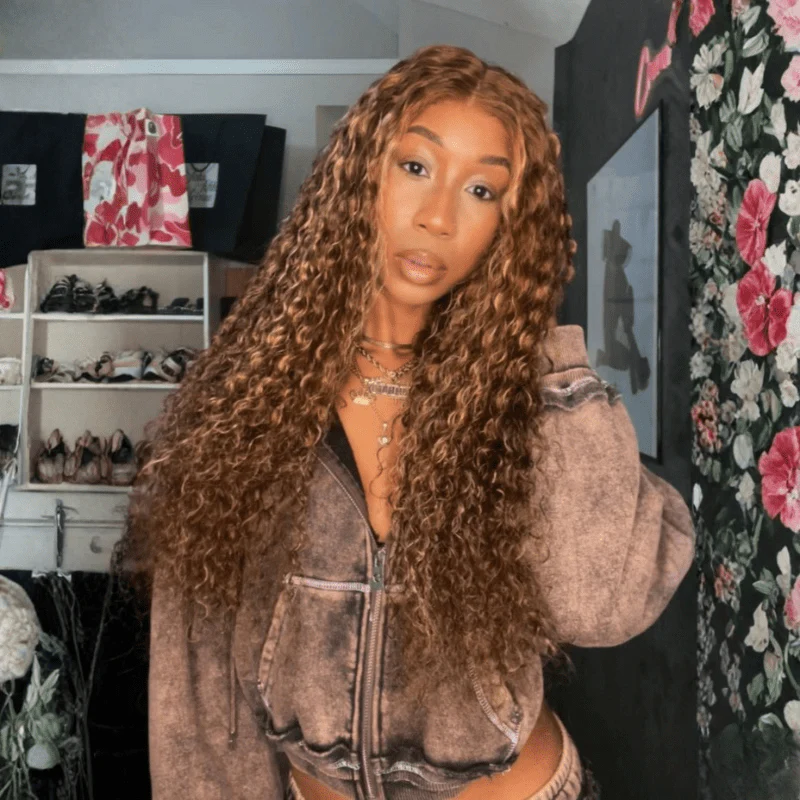 Honey Blonde Highlight Water Wave 13x4 Lace Front / 7x5 Pre Cut Lace Human Hair Lace Wig For Women - Image 3
