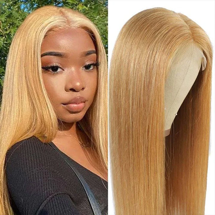 Honey Blonde Straight HD Transparent Lace Front Wig #27 Color Glueless Pre Plucked Hairline Real Human Hair Wigs - Image 4