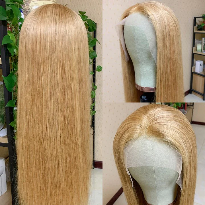 Honey Blonde Straight HD Transparent Lace Front Wig #27 Color Glueless Pre Plucked Hairline Real Human Hair Wigs - Image 6