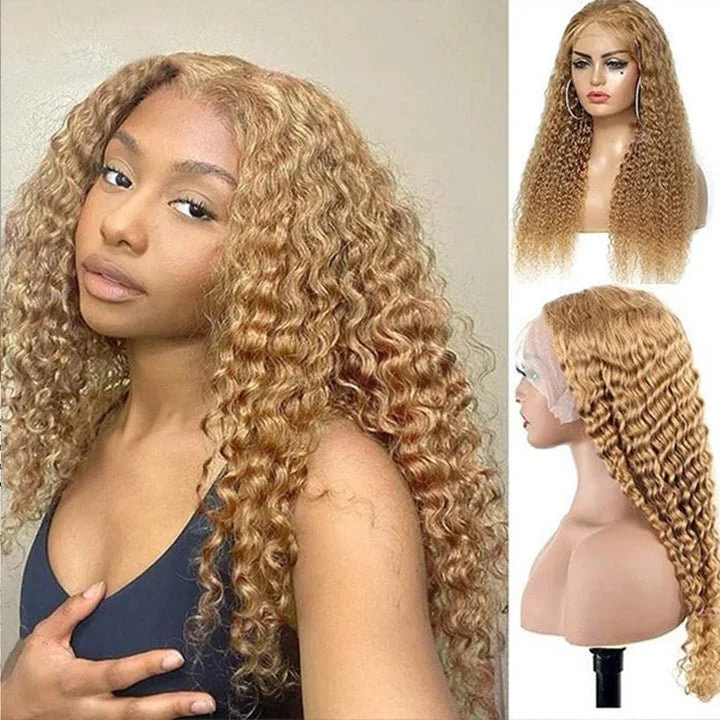 Honey Blonde Water Wave 13x4/4x4 HD Lace Frontal Wig Golden Brown Transparent Lace Human Hair Wigs - Image 3