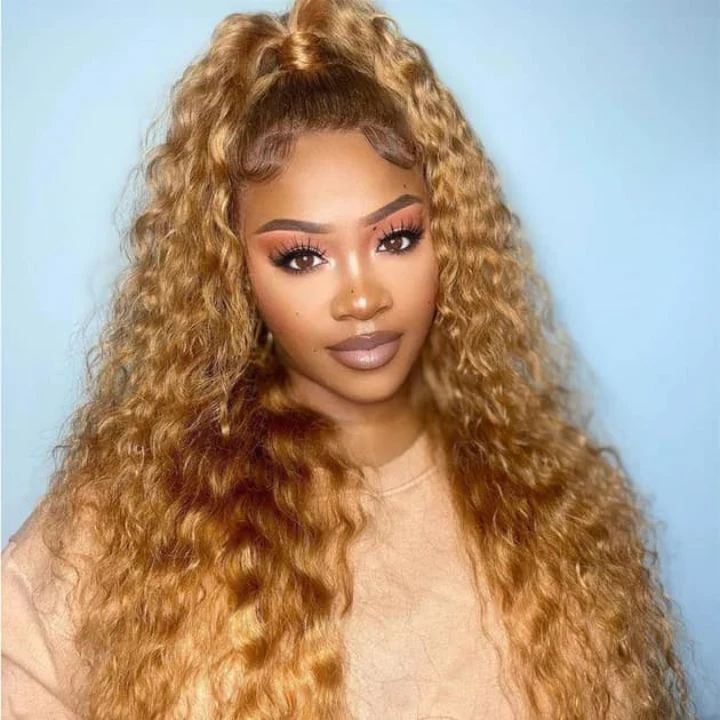 Honey Blonde Water Wave 13x4/4x4 HD Lace Frontal Wig Golden Brown Transparent Lace Human Hair Wigs - Image 4