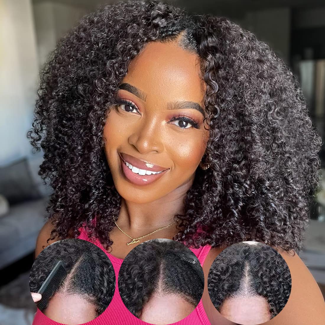 Geeta Kinky Curly V Part Wig Beginner Friendly No Glue Invisi Drawstring Human Hair Wig - Image 3