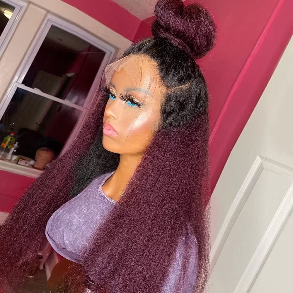 Kinky Straight 1B 99J Burgundy Colored Human Hair For Black Women Yaki Straight Wig HD Transparent Lace Front Wig Pre Plucked - Image 3